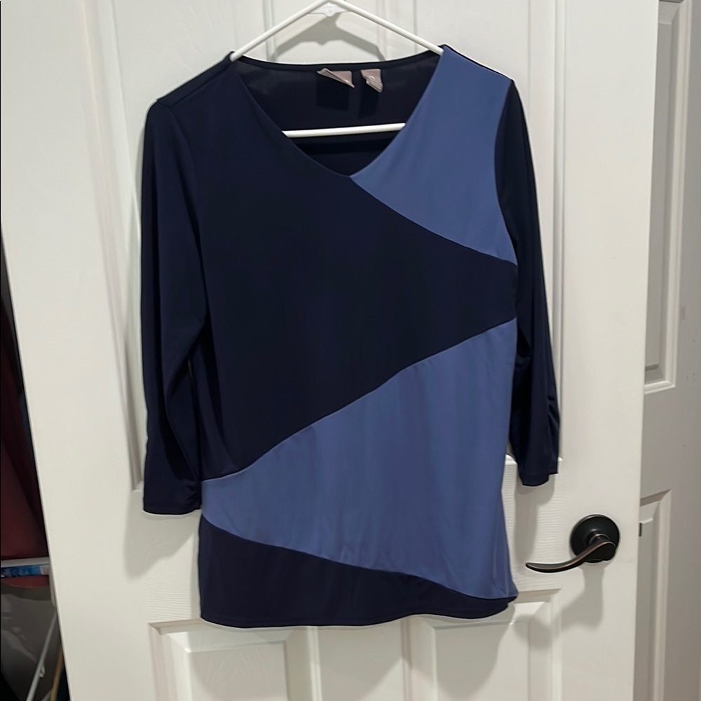 Chico's Asymmetrical Blue Blouse with 3/4 Sleeves